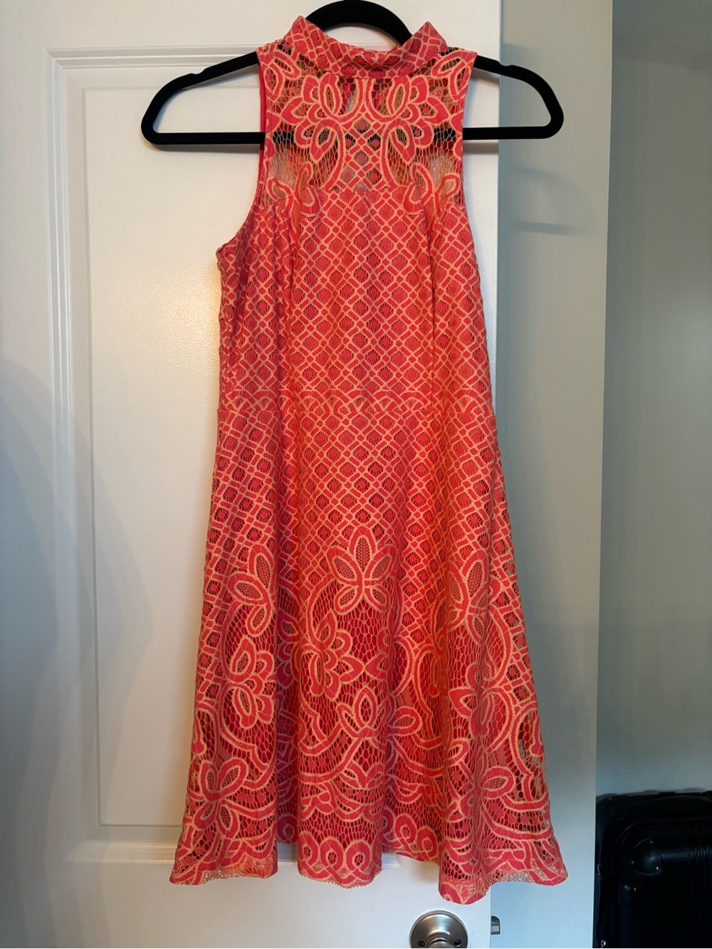 Jessica Simpson Coral and Peach Geometric Floral Lace Fit and Flare Dress Size 4